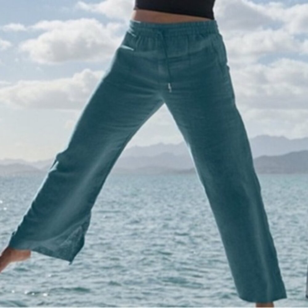 Athleta Retreat Linen High Rise Wide Leg Pant in Teal